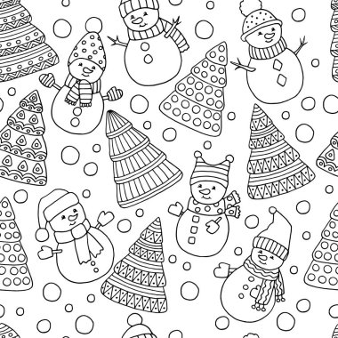 Beyaz arka planda noel ağaçları ve kardan adamlar, renklendirme sayfası