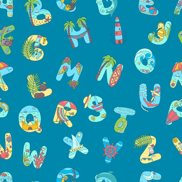 Vector Handgezeichnetes Nahtloses Muster Mit Abstrakten Buchstaben Zum Thema Sommerurlaub — Stockvektor