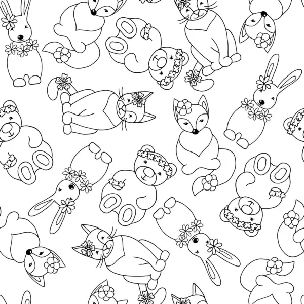Patrón Sin Costura Vectorial Con Animales Divertidos Dibujados Mano Conejo — Vector de stock