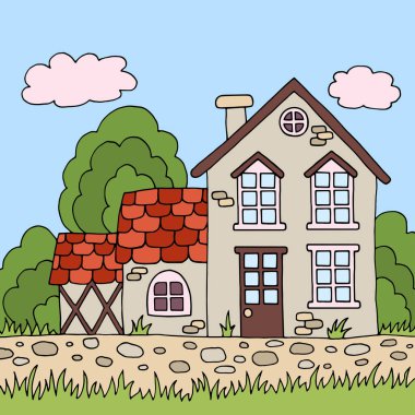 Yazın el çizimi şirin bir kır evi. Çocuk kitapları için vektör çizimi.