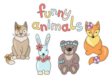 Vektör elle çizilmiş komik hayvanlar: tavşan, tilki, ayı, kedi, beyaz arka planda izole