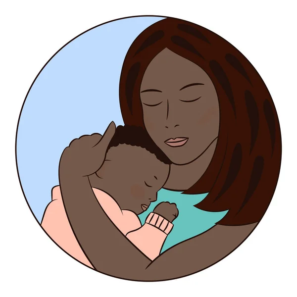 Vector Illustration African Black Caring Loving Mother Cute Sleeping Baby — Stock Vector