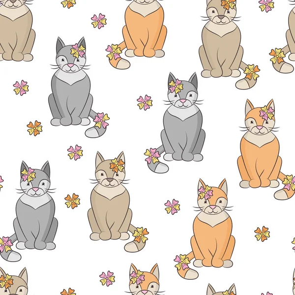 Vector Seamless Pattern Beautiful Cute Multicolored Cats Flowers White Background — Stock Vector