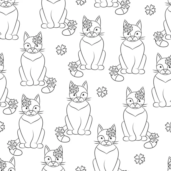 Patrón Sin Costuras Vectorial Con Lindos Gatos Flores Sobre Fondo — Archivo Imágenes Vectoriales