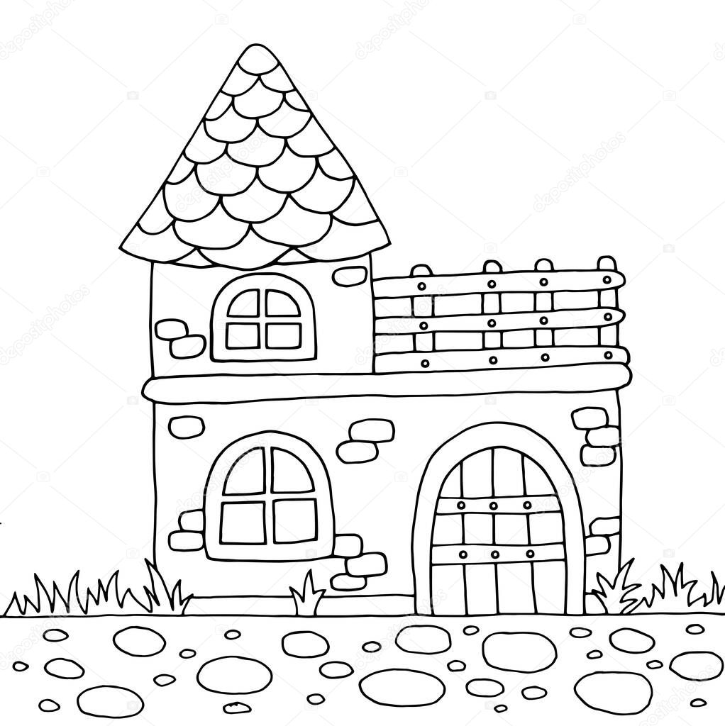 Cute old country house in the summer nature, coloring page for children and adults