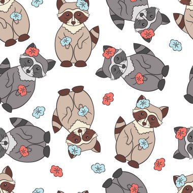 Beyaz arka planda çiçekli şirin rakunlarla vektörsüz desen, ambalaj tasarımı, kapaklar, duvar kâğıdı, tekstil baskısı