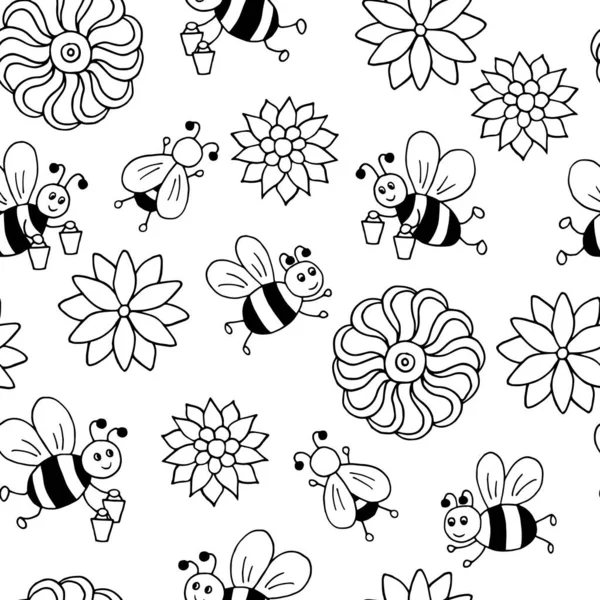 Elle Çizilmiş Bal Çiçekli Şirin Çizgi Film Arılarıyla Vektörsüz Desen — Stok Vektör