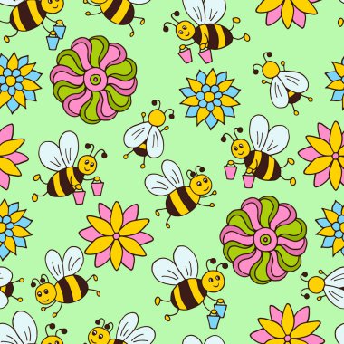 Elle çizilmiş şirin çizgi film arıları ve yeşil arka planda çok renkli çiçekler olan vektörsüz desen, ambalaj tasarımı, kapaklar, duvar kâğıdı, tekstil baskısı için