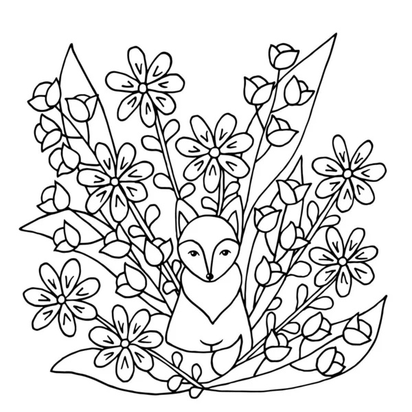 Coloring Page Cute Funny Fox Wild Flowers Square Version Vector — Stock Vector