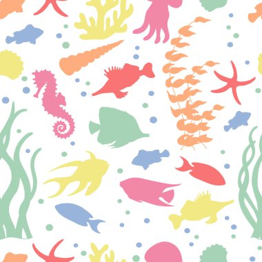 Beyaz arka planda renkli deniz balığı siluetleri olan vektörsüz desen. Kapak, kitap, ambalaj, duvar kağıdı, tekstil tasarımı için