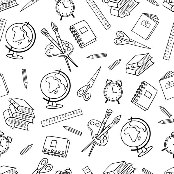 Okul malzemeleriyle kusursuz desen: dünya, kalem, fırça, boya, makas, kitaplar. Renk sayfası