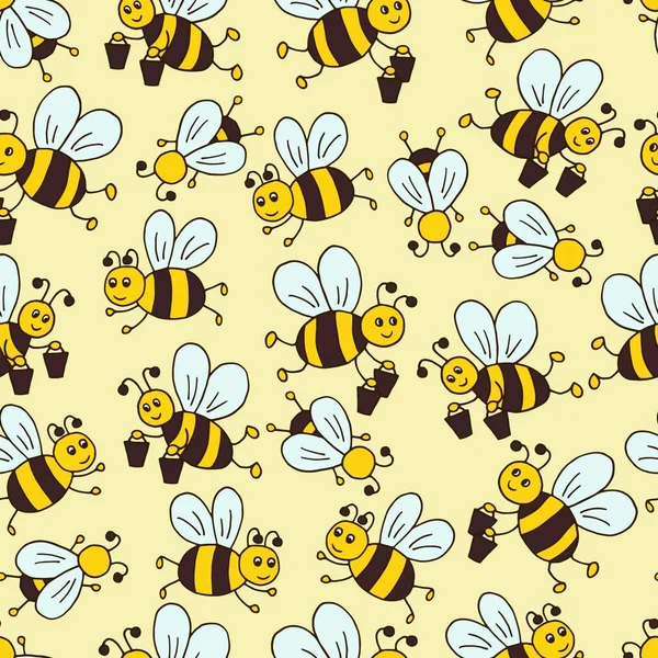 Vector Seamless Pattern Hand Drawn Cute Cartoon Bees Yellow Background — Stock Vector