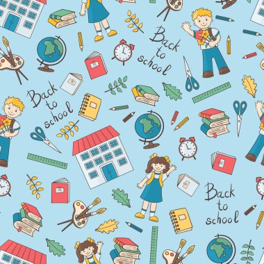 Okul temasında vektörsüz şablon: okul çocukları, dünya, alarm saati, not defteri, kitap, kalem, vb. mavi arkaplan üzerinde, kapak, ambalaj, tekstil üzerine baskı tasarımı ve dekorasyonu için