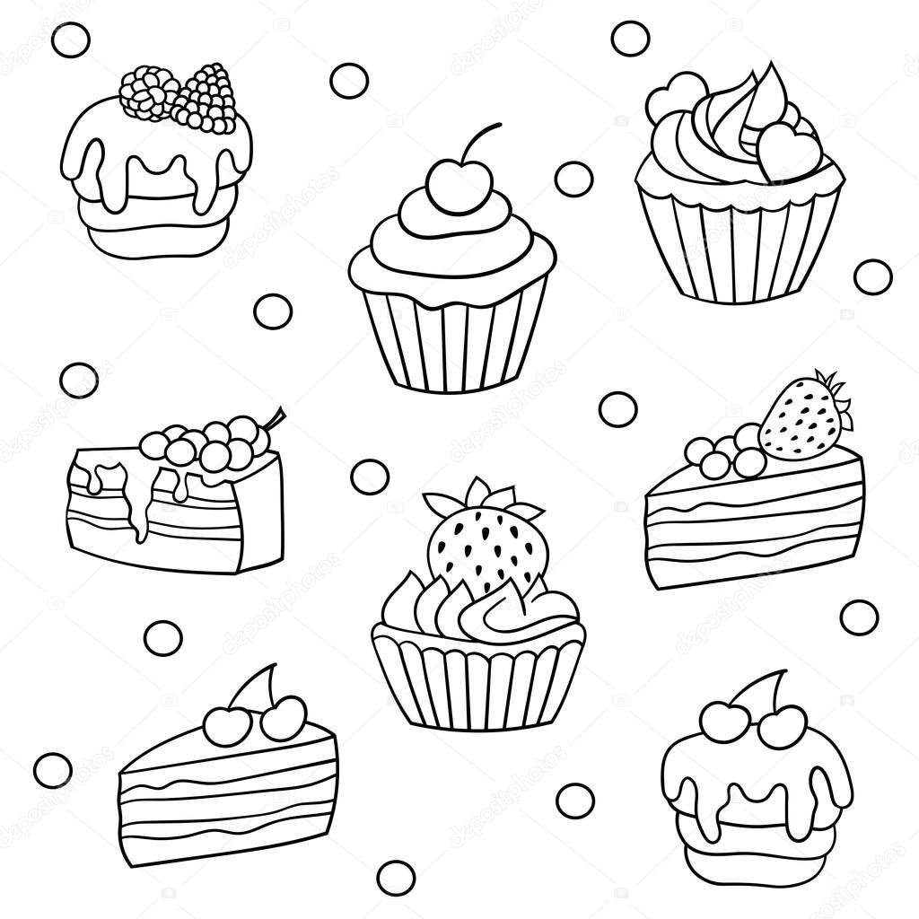 Vector Conjunto Pasteles Dulces Con Bayas Página Para Colorear Para Vector  de stock por ©elvirkindom@yandex.ru 395101434, image size:1024x1024