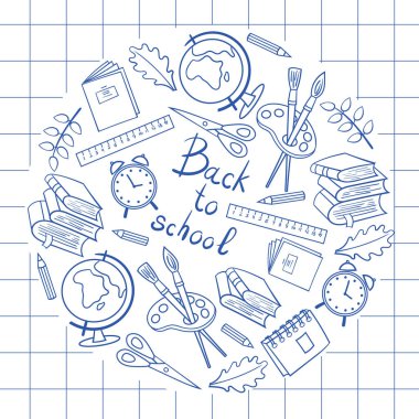 Okula dönüş: Küre, çalar saat, defter, kitap, kalem, vs. Kapakların tasarımı, ambalajı, tekstil üzerine baskı için mavi kalemle çizilmiş bir daire şeklinde.