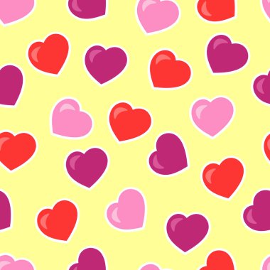 Sarı arka planda kırmızı ve pembe kalpleri olan kusursuz bir model. Paketler, kapaklar ve tekstil baskılarının tasarımı ve dekorasyonu için