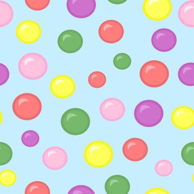 Mavi arka planda çok renkli baloncukları olan kusursuz vektör deseni. Paketler, kapaklar ve tekstil baskılarının tasarımı ve dekorasyonu için