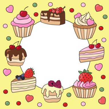 Şirin çöreklerle vektör çerçevesi ve sarı arkaplanlı meyveli kekler.