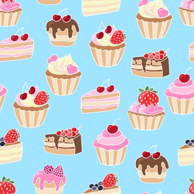 Mavi arka planda şirin, lezzetli kekler ve kekler olan kusursuz bir şablon. Paketler, kapaklar ve tekstil baskılarının tasarımı ve dekorasyonu için