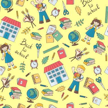 Okul temasında vektörsüz şablon: okul çocukları, dünya, alarm saati, not defteri, kitap, kalem, vb. Sarı arka planda, kapakların tasarımı ve dekorasyonu için, ambalaj, tekstil üzerine baskı