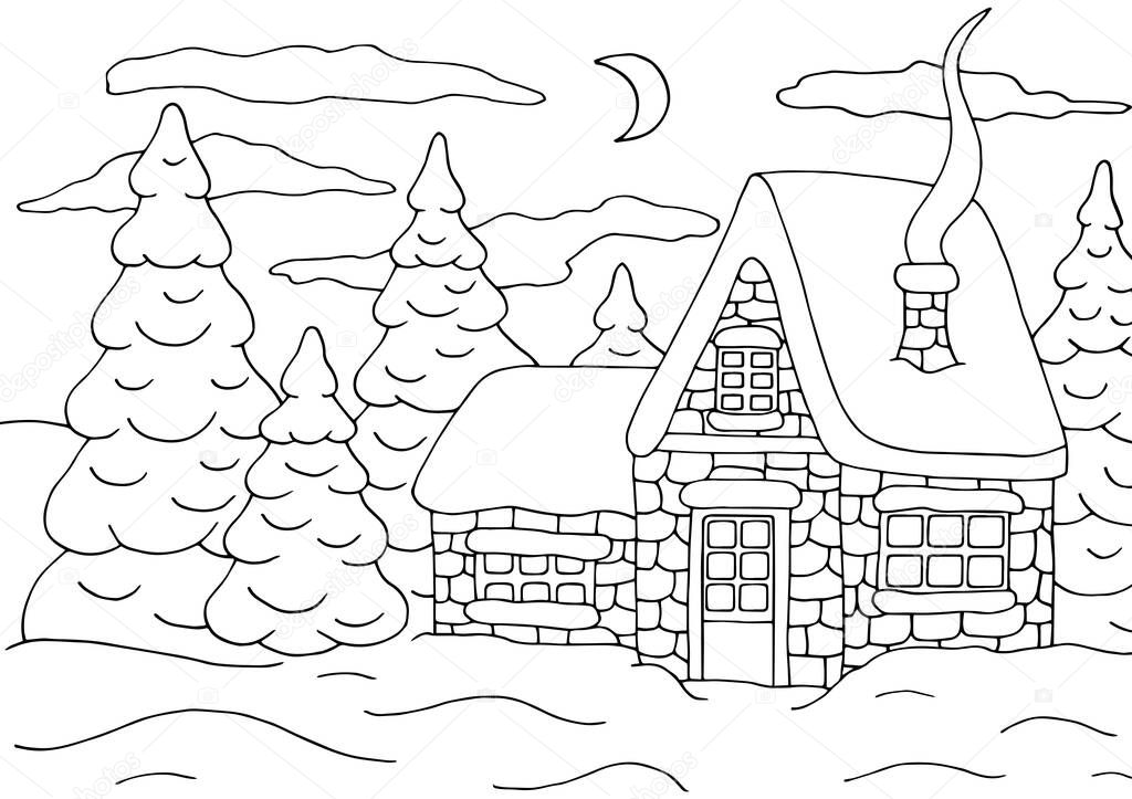 Horizontal coloring page with a beautiful house in the winter forest with a Christmas tree