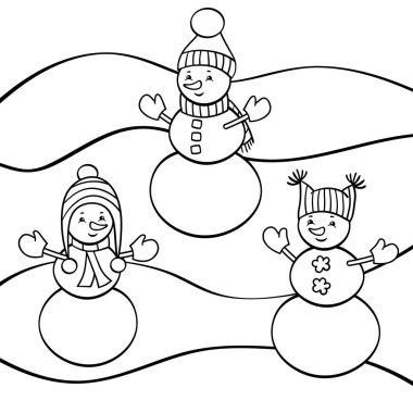 Şapkalı üç sevimli kardan adamla vektör boyama sayfası