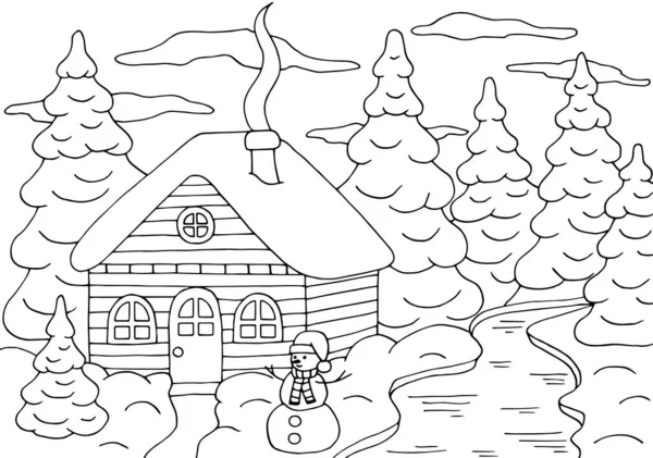 Coloriage Horizontal Avec Une Belle Maison Dans Forêt Hiver Avec — Image vectorielle