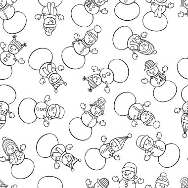 Kış şapkalı şirin kardan adamlar ve çocuklar ve yetişkinler için renklendirme sayfası.