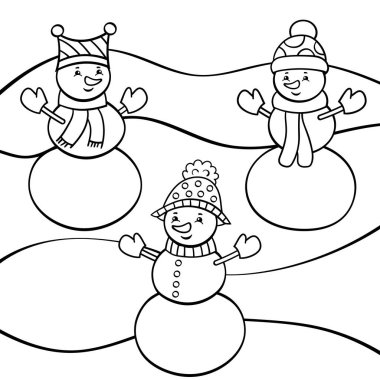 Şapkalı üç sevimli kardan adamla vektör boyama sayfası