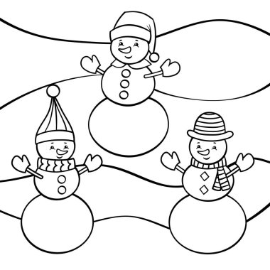 Şapkalı üç sevimli kardan adamla vektör boyama sayfası