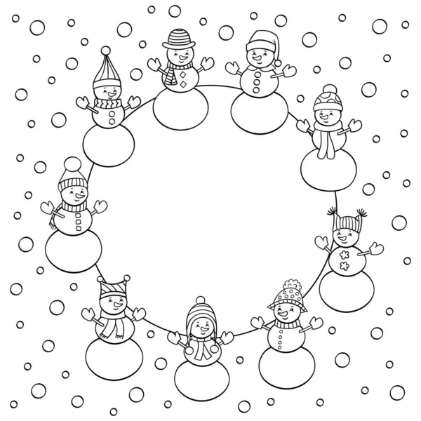 Vector Christmas Frame Cute Snowmen Winter Hats Coloring Page Children — Stock Vector