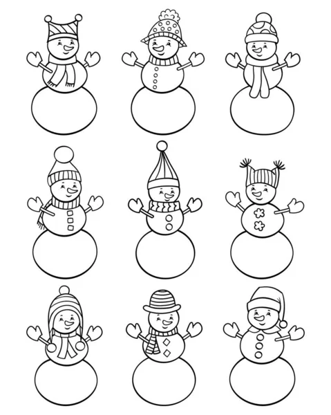 Wektor Boże Narodzenie Zestaw Dziewięciu Cute Bałwanów Czapki Zimowe Kolorowanki — Wektor stockowy