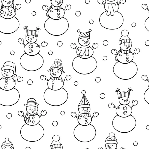 Διάνυσμα Χριστούγεννα Απρόσκοπτη Μοτίβο Χαριτωμένο Χιονάνθρωποι Καπέλα Χειμώνα Χρωματισμός Σελίδα — Διανυσματικό Αρχείο
