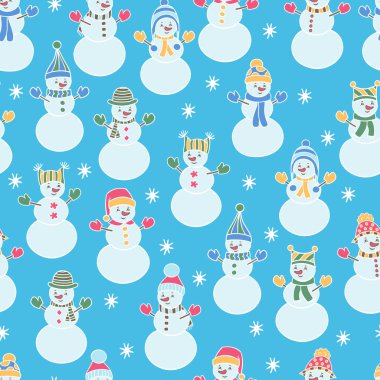 Mavi arka planda şapkalı, çok renkli kardan adamlar olan mükemmel bir kış şablonu. Tebrik kartı, ambalaj, kapak, tekstil baskıları tasarımı için