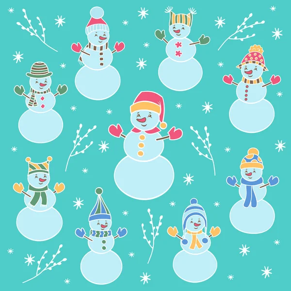 Vector Weihnachten Winter Set Mit Niedlichen Bunten Schneemännern Hüten Für — Stockvektor