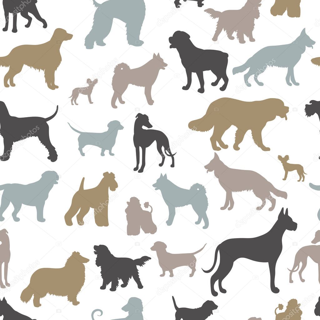 Vector seamless pattern with silhouettes of dogs of different breeds on a white background. For cover design, packaging, textile printing
