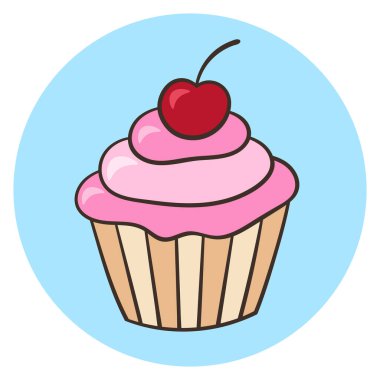 Tatlı kek, kremalı ve kirazlı kek, mavi arka planda. Vektör illüstrasyonu