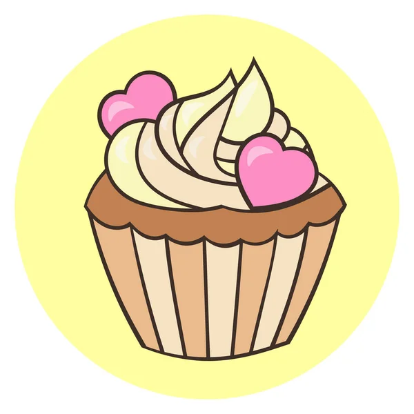 Γλυκό Κέικ Κεκάκι Κρέμα Και Καρδιές Κίτρινο Φόντο Εικονογράφηση Διανύσματος — Διανυσματικό Αρχείο
