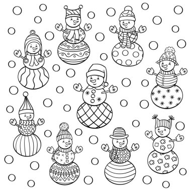 Kışlık şapkalı, soyut şirin kardan adamlardan oluşan bir Noel vektörü seti. Çocuklar ve yetişkinler için renk sayfası.