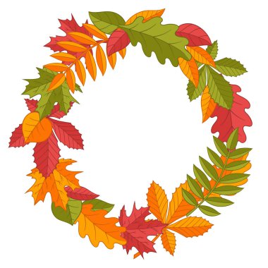 Parlak çok renkli sonbahar yapraklarının taşıyıcı çelengi: meşe, akçaağaç, rowan, kestane ağacı, huş ağacı, ıhlamur beyaz arka planda