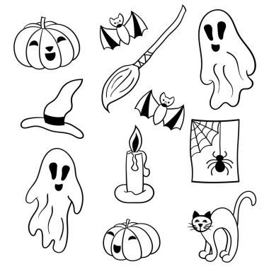Cadılar Bayramı için hayaletler, şapka, balkabağı, süpürge, yarasa, kedi, örümcek, mum eşliğinde karalama setiyle vektör boyama sayfası