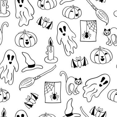 Vektör boyama sayfası. Cadılar Bayramı 'nda hayaletler, şapka, balkabağı, süpürge, yarasa, kedi, örümcek, mum eşliğinde kusursuz desen.