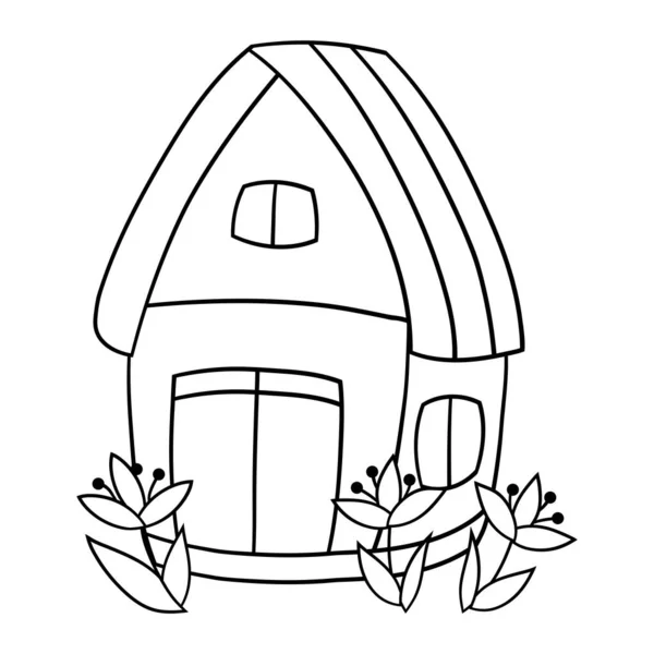 Coloriage Vectoriel Une Maison Gribouillage Dessin Animé Avec Des Fleurs — Image vectorielle