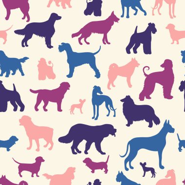 Beyaz arka planda farklı cinslerden köpek siluetleri olan kusursuz desenler. Kapak tasarımı, ambalaj, tekstil baskısı için
