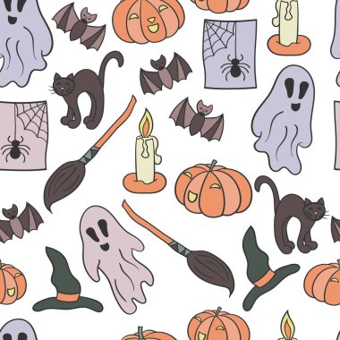 Beyaz arka planda cadılar bayramı için seti olan kusursuz bir şablon. Kapak tasarımı, paketler, tatil kartları, tekstil baskıları için