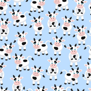 Komik, şirin ineklerle kusursuz bir şablon. 2021 'in sembolü. Kapak tasarımı, paketler, tatil kartları, tekstil baskıları için
