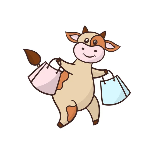 Divertida Vaca Divertida Dibujos Animados Viaje Compras Con Compras Símbolo — Archivo Imágenes Vectoriales