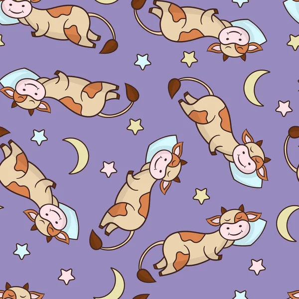 紫色の背景に 枕の上で寝て面白いかわいい漫画の牛とベクトルシームレスパターン — ストックベクタ