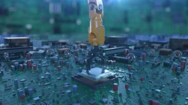 Robotik kol mavi ışıklı devre kartı işlemci yerleştirerek güzel işlemidir. Makro anakart Cpu ve işaret fişekleri ile 3d animasyon. Teknoloji ve dijital kavramı. 4k Uhd 3840 x 2160.