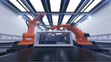 Bilgisayar kasaları montaj bandında güzel robot savaş silahları. Fütüristik gelişmiş otomatikleştirmek oluşum. 3D animasyon. İş, sanayi ve teknoloji kavramı. 4 k Ultra Hd 3840 x 2160.